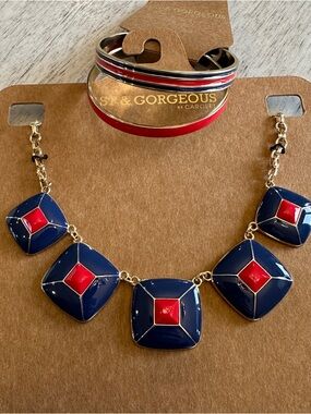 1st & Gorgeous Carolee Navy and Red Statement Necklace and Bangle Set NWT